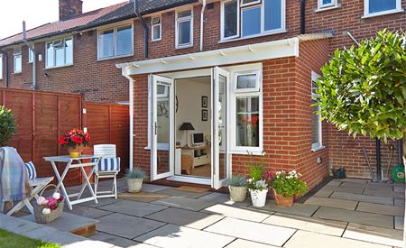 Extension with White Knight uPVC French doors and windows