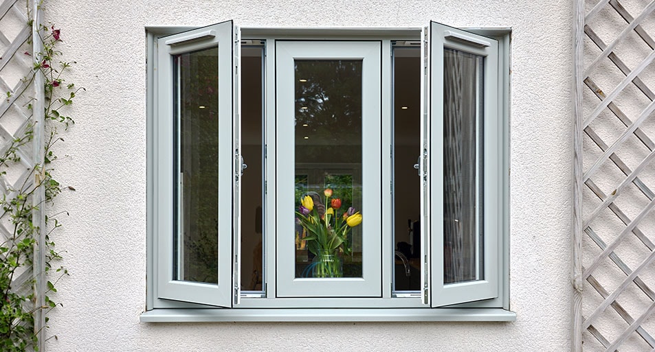 Three-Panel Agate Grey uPVC Flush Casement Windows with Two Moving Panel and One Fixed Panel