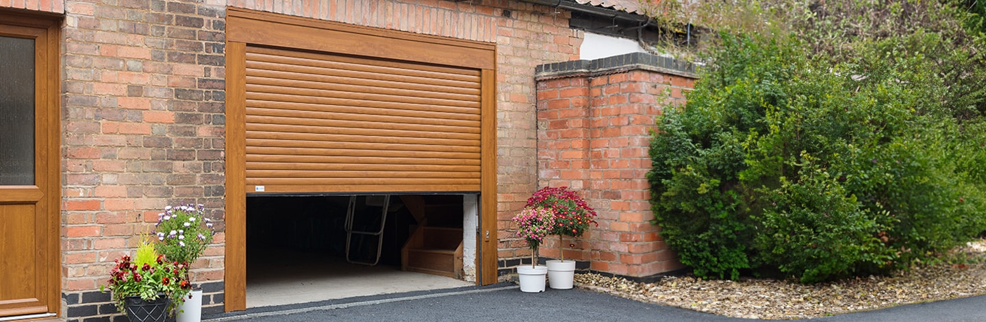 Golden oak garage door in open position