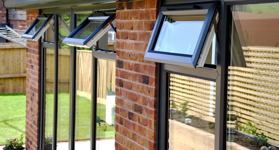 Black uPVC Casement Windows On a Black uPVC Conservatory with Windows Open