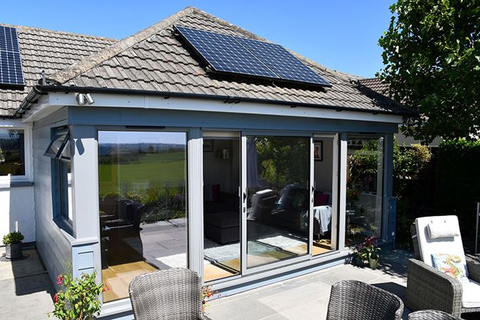 Dusty grey two part aluminium patio doors