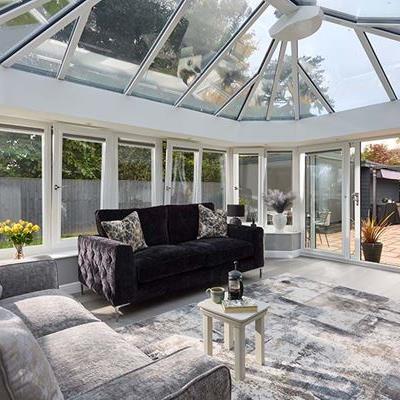 Dual anthracite grey uPVC Edwardian conservatory with Patio doors interior