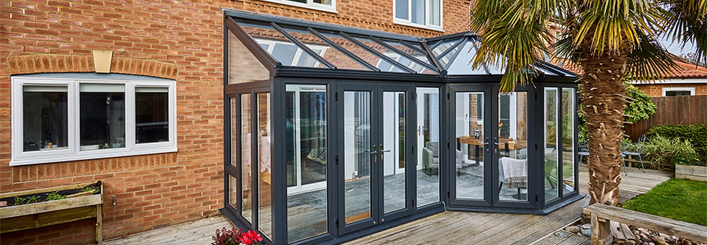 Dual Anthracitre grey P shaped conservatory primary banner