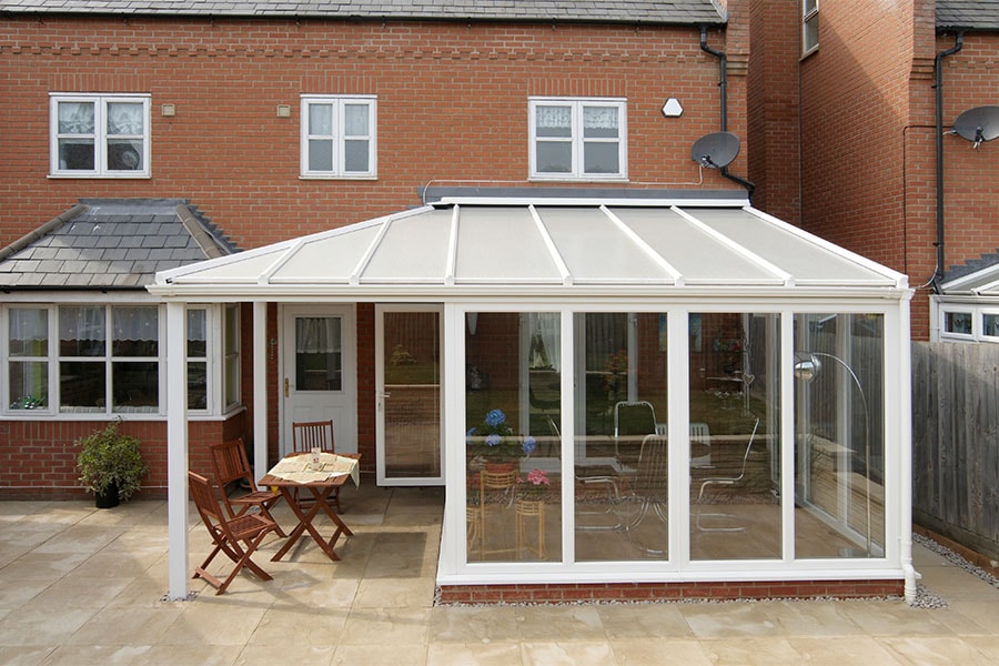 White uPVC Lean to conservatory with polycarbonate roof