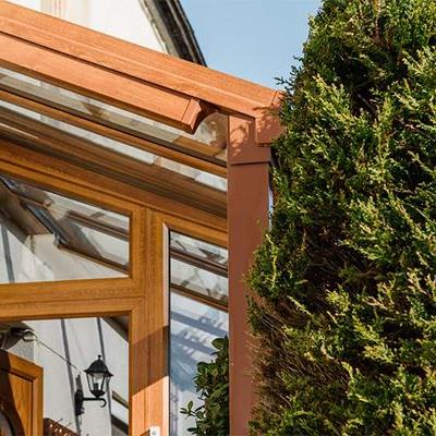 Golden oak PVCU veranda close up