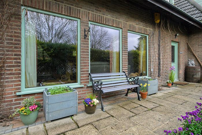 Sage green Aluminium set of three casement windows with back door